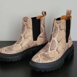NWOT; Lucky Brand Emali Leather Chelsea Boots Snake Print Lug Sole Pull On